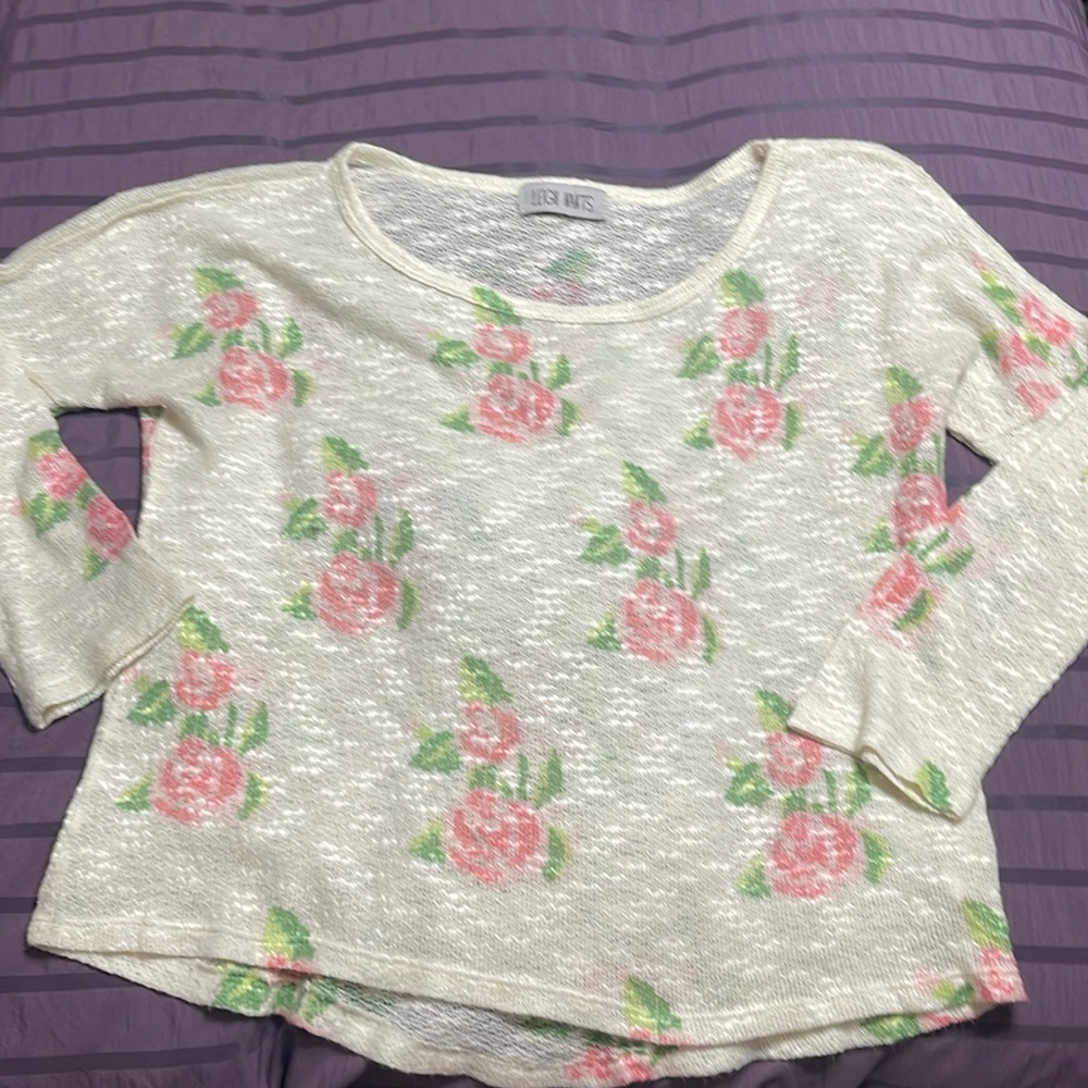 Cream with rose floral sweater sz Medium (sheer) off shoulder wide neck